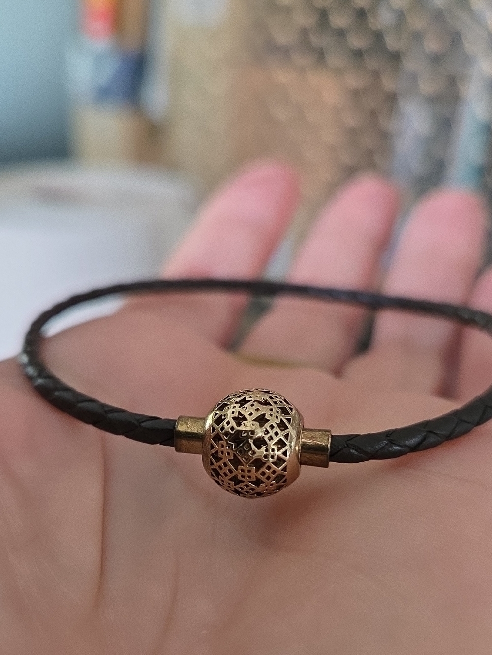 Gold Filigree Bead Black Braided Leather Bracelet